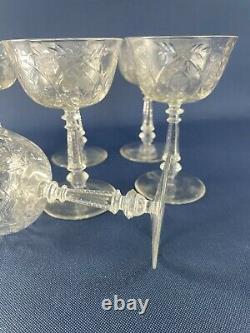 8 vintage Mid-Century Modern clear etched glass wine goblets 1940s 1950s