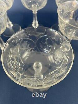 8 vintage Mid-Century Modern clear etched glass wine goblets 1940s 1950s