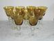 9 Antique Grape Etched Amber & Clear Tall Water Stem Glasses- unknown maker