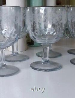 9 Bartlett Collins beer wine glasses Grapes Etched Glass Gold Rim blue Vintage