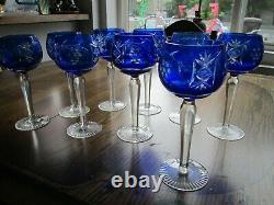 9 Vtg Cobalt Blue Cut to Clear Crystal Wine Hock Goblet Glass Czech Bohemian