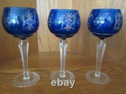 9 Vtg Cobalt Blue Cut to Clear Crystal Wine Hock Goblet Glass Czech Bohemian