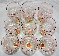 9 Vtg Watermelon Pink Depression Diamond Optic Water Wine Glasses Green Foot Set