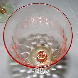 9 Vtg Watermelon Pink Depression Diamond Optic Water Wine Glasses Green Foot Set