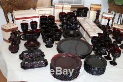 AVON cape cod Ruby Red Vintage dinner, butter, wine glasses eat 107 pieces USA
