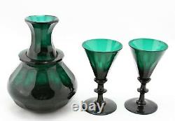 Antique 19th C. Emerald green crystal Water / Dessert Wine Decanter & 2x Glass