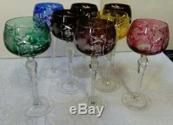 Antique Bohemian Harlequin Cut To Clear Crystal Wine Glasses Facet Stems Vintage
