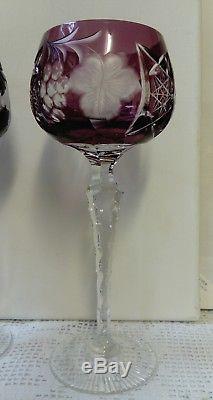 Antique Bohemian Harlequin Cut To Clear Crystal Wine Glasses Facet Stems Vintage