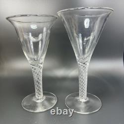 Antique Clear Hand Blown Air Twist Wine Glass Goblet Glasses Cups Set 2 Flutes
