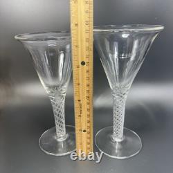 Antique Clear Hand Blown Air Twist Wine Glass Goblet Glasses Cups Set 2 Flutes