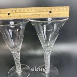 Antique Clear Hand Blown Air Twist Wine Glass Goblet Glasses Cups Set 2 Flutes