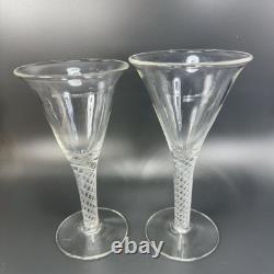 Antique Clear Hand Blown Air Twist Wine Glass Goblet Glasses Cups Set 2 Flutes