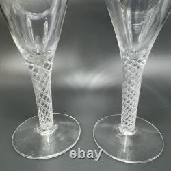 Antique Clear Hand Blown Air Twist Wine Glass Goblet Glasses Cups Set 2 Flutes