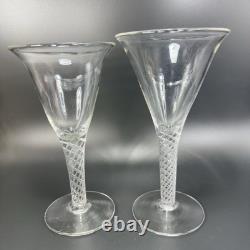 Antique Clear Hand Blown Air Twist Wine Glass Goblet Glasses Cups Set 2 Flutes