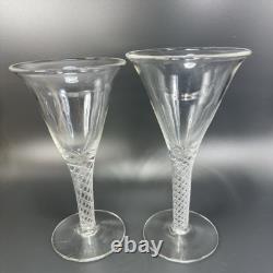 Antique Clear Hand Blown Air Twist Wine Glass Goblet Glasses Cups Set 2 Flutes