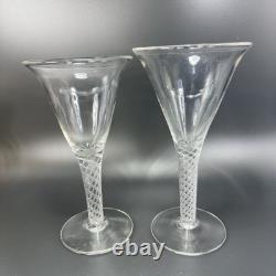 Antique Clear Hand Blown Air Twist Wine Glass Goblet Glasses Cups Set 2 Flutes