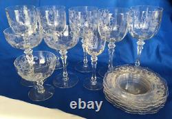 Antique Etched Crystal Wine Sherry Sherbet Water Glasses Stemware Small Plates