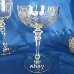 Antique Etched Crystal Wine Sherry Sherbet Water Glasses Stemware Small Plates