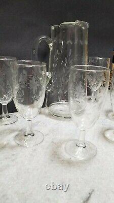 Antique Etched Flower Pattern Pitcher & Stem Wine/water Glasses Set D53