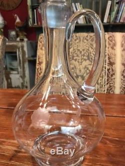 Antique Etched Glass Decanter Large Vintage Crystal Wine Brandy Bottle 13.25 T
