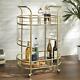 Antique Gold Bar Cart Small Oval Wine Trolley Glass Top Metal Retro Home Décor
