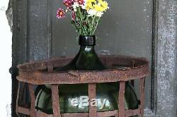 Antique Green Carboy Demijohn Glass Bottle With Basket Large Vintage Wine Bottle
