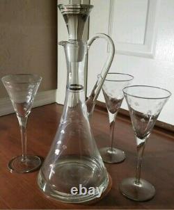 Antique Handblown wine Decanter And 3 Matching Etched Stem Wine Glasses Nice
