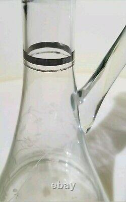 Antique Handblown wine Decanter And 3 Matching Etched Stem Wine Glasses Nice
