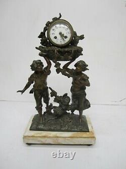 Antique L&F Moreau French Marble Bronze Figural Sculpture Clock Wine Barrel