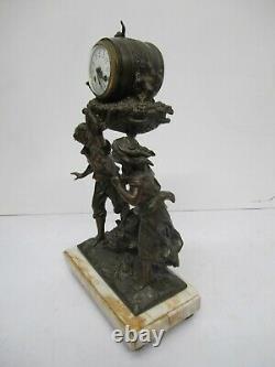 Antique L&F Moreau French Marble Bronze Figural Sculpture Clock Wine Barrel