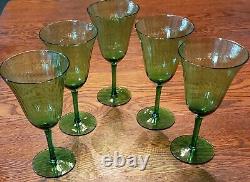 Antique Lot 5 Green Wine Ribbed Glasses Goblets Uranium Edge Crystal Long Stem