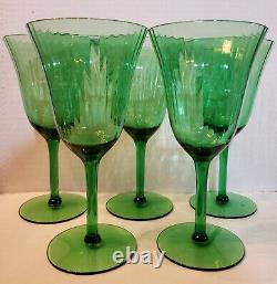 Antique Lot 5 Green Wine Ribbed Glasses Goblets Uranium Edge Crystal Long Stem