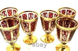 Antique Moser Set Of 6 Beautiful Wine Glass Ruby Hand Cut Gold Trim