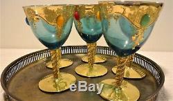 Antique Set of 6 Bohemian Czech Moser Jeweled Cobalt Glass Wine Goblets Gold Vtg