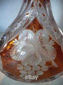 Antique VIntage Bohemia Czech Amber Cut to Clear Crystal Art Glass Wine Decanter