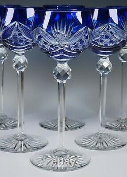 Antique Very Fine Blue-Cut-to-Clear 8 Tall Wine Stem Glasses Set of 6