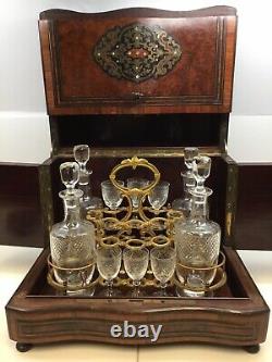 Antique Vintage Cellarette Mahogany Wood Wine Bar Case Set with Glasses