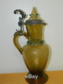 Antique Vintage Large Blown Art Glass Water Wine Pitcher with Pewter Lid Lidded