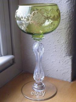 Antique Vtg Saint Louis Chartreuse Green, Gilt Engraved Pattern Hock Wine Glass