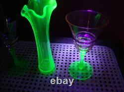 Antique Vtg UV Glow Vaseline Uranium Tiffin Watermelon Wine Glass Vase Set Rare