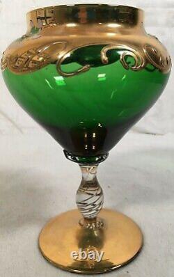 Antique bonbonniere Green Gold gass Hand Painted Flower lid horn blown bohemian