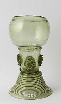 Antique, early 18th C White Wine Glass, Roemer Rummer, pruns, threaded foot