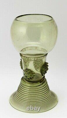 Antique, early 18th C White Wine Glass, Roemer Rummer, pruns, threaded foot