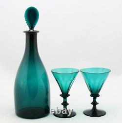 Antique early 19th C. Emerald green crystal White Wine Decanter & 2x Glass