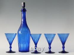 Antique early 19th C faceted crystal Cobalt blue Wine Sherry Decanter & 4x Glass