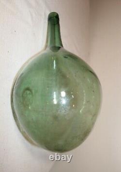 Antique hand blown rounded bottom green glass wine bottle decanter flask