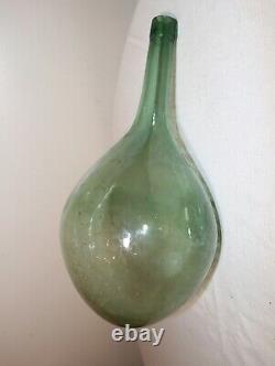 Antique hand blown rounded bottom green glass wine bottle decanter flask