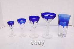 Assorted SET 5 BOHEMIAN CZECH CUT TO CLEAR CRYSTAL Wine GLASSES COBALT BLUE
