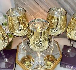 Atrland Brocade Gold Wine Glasses Vintage Baroque Styled Mirrored Inside 6 pc