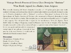 Authentic Vintage French Provence Green Glass Demijohn Bonbonne Wine Bottle